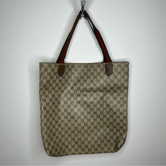 Gucci Vintage Monogram GG Shery Line Coated Brown Tan Strap Striped Bag Tote - Picture 3 of 12